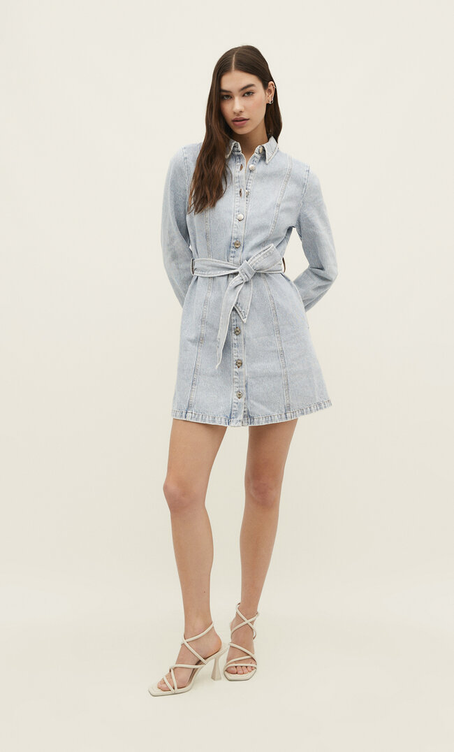 Stradivarius Jeansowa szmizjerka Niebieski denim XS