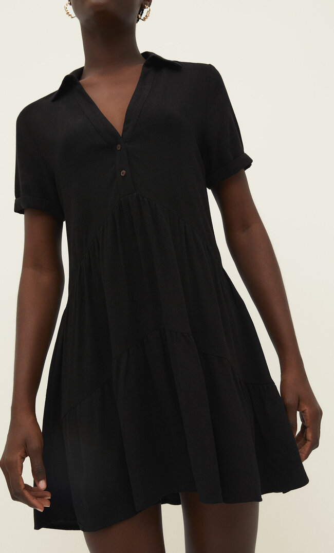 Stradivarius Kurzes Hemdkleid mit Leinenanteil Schwarz XS