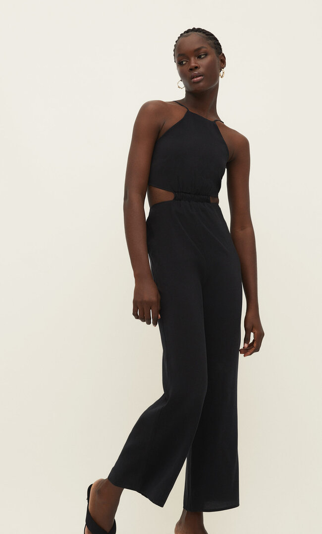 Stradivarius Langer Jumpsuit mit Cut-outs aus Viskose Schwarz L
