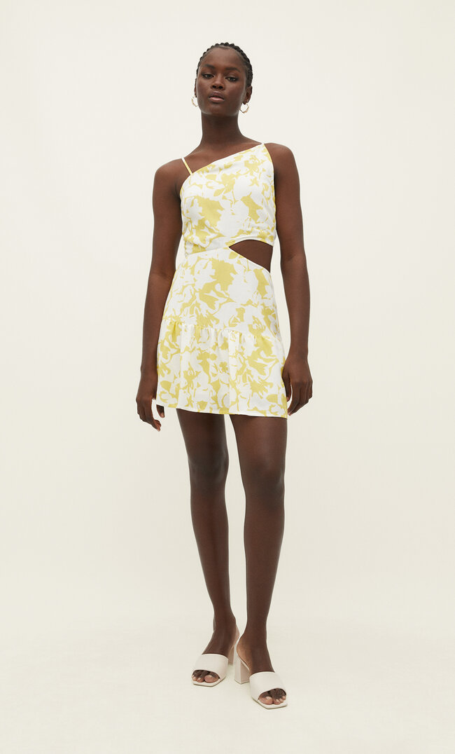 Stradivarius Kurzes Kleid mit Cut-outs und Leinenanteil Pastellgelb XS