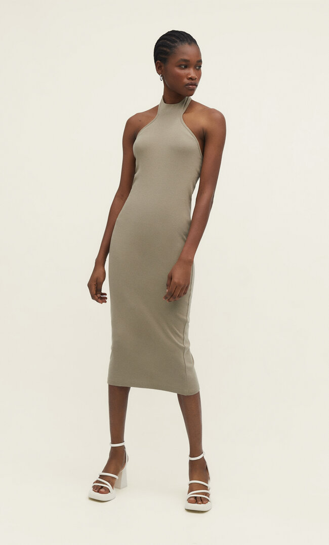 Stradivarius Sukienka średniej długości z dekoltem halter Khaki XS