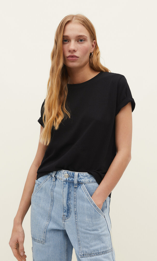 Stradivarius Basic T-Shirt Schwarz S