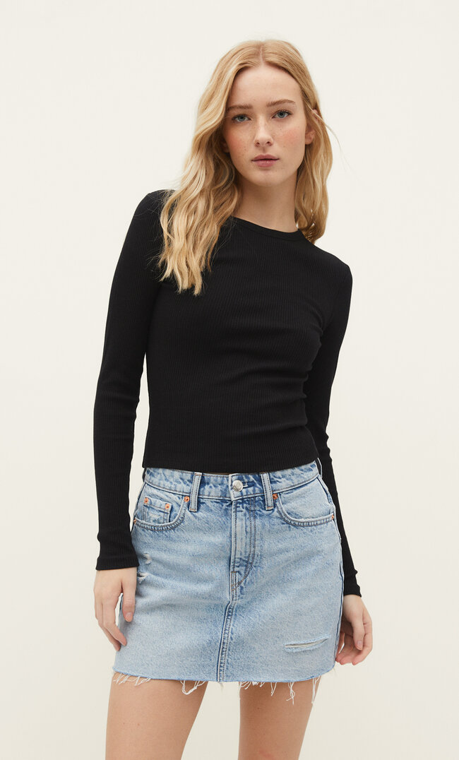 Stradivarius Koszulka basic z efektem sprania Czarny L
