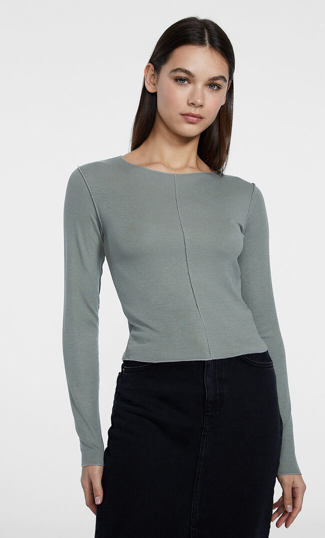 Stradivarius Shirt aus Viskose mit Ziernaht Khaki S