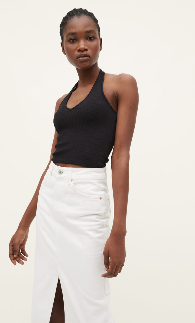 Stradivarius Top z dekoltem halter Czarny M