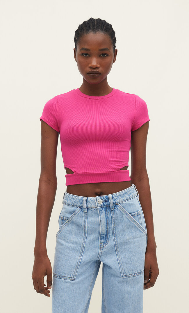 Stradivarius T-Shirt mit Cut-out Fuchsia XS