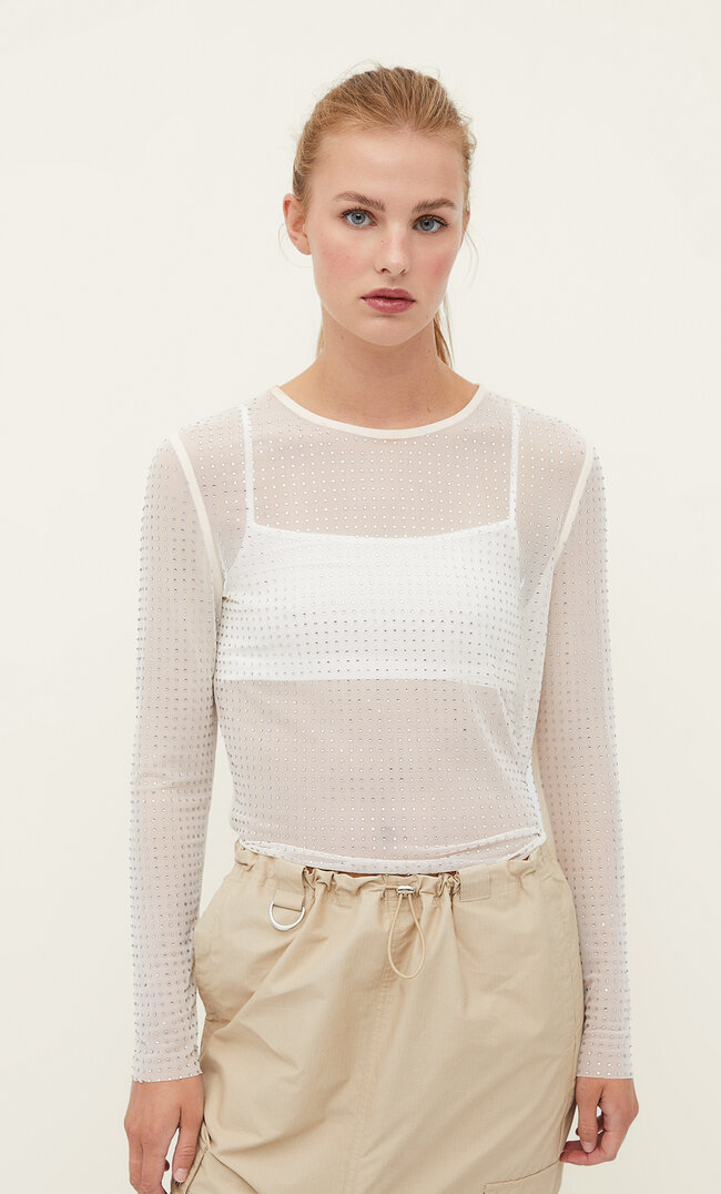 Stradivarius Tüllshirt mit Glitzer Ecru XS