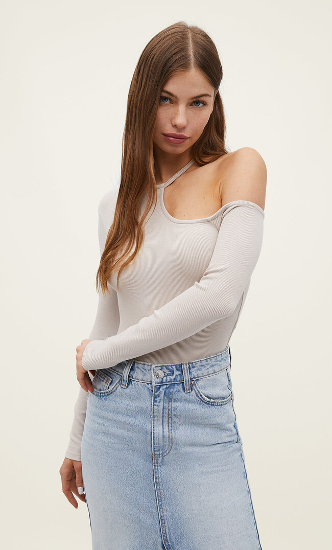 Stradivarius Langarmshirt mit Cut-outs Steingrau L
