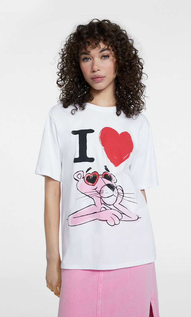 Stradivarius Shirt mit Rosaroter-Panther-Lizenz Weiß L