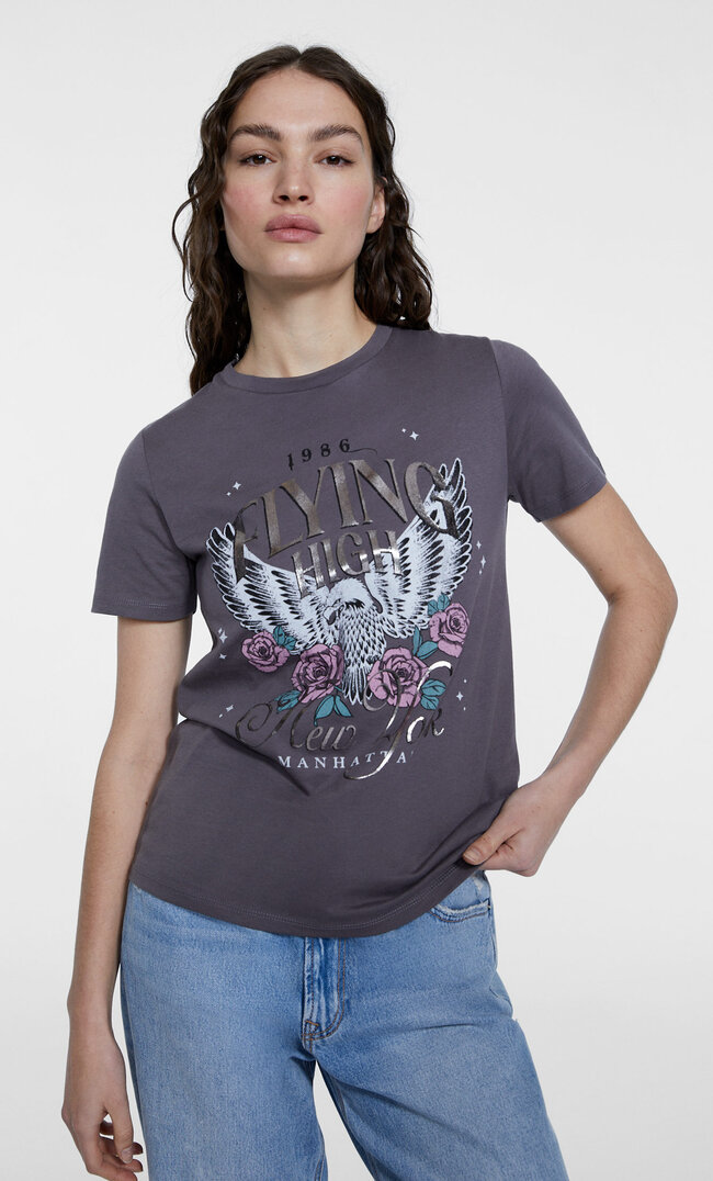Stradivarius Shirt mit Folienprint Perlgrau S