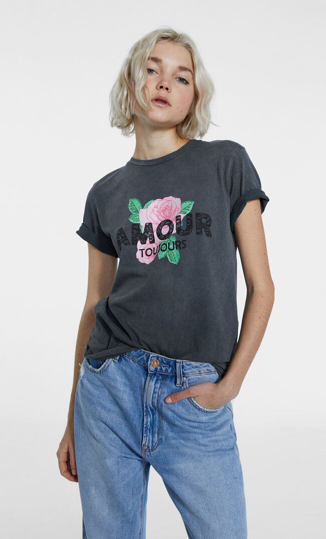 Stradivarius T-Shirt mit Print und Acid-Wash-Optik. Graumeliert XS