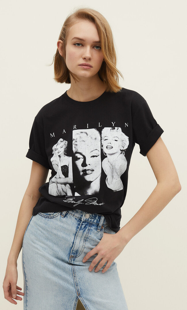 Stradivarius Shirt mit Lizenz Marilyn Schwarz XS
