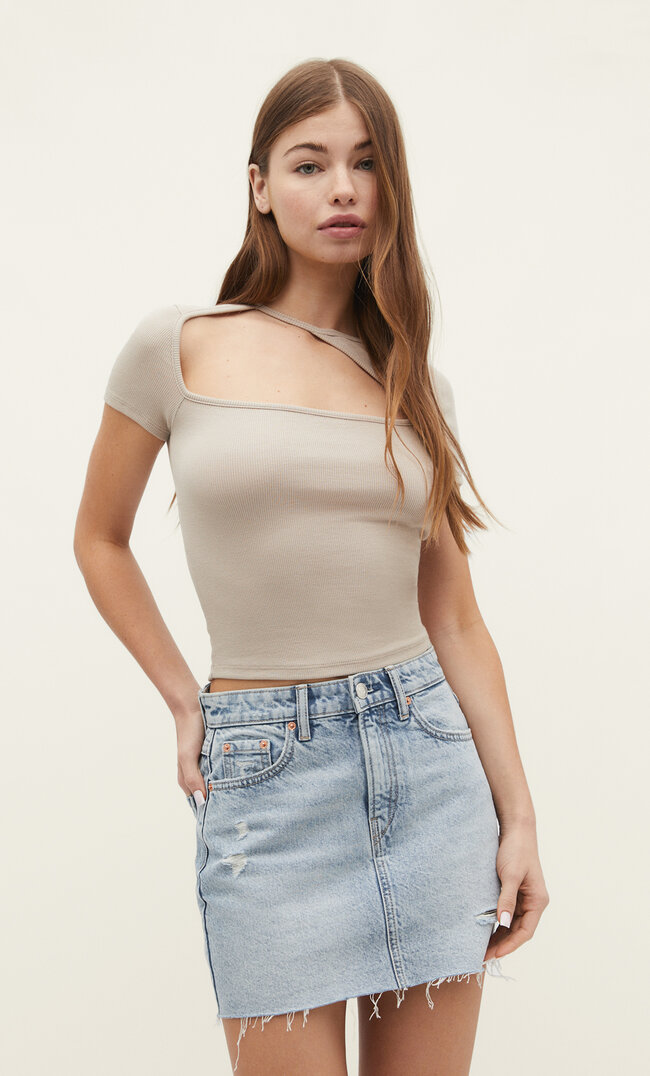 Stradivarius Shirt mit Cut-Outs Steingrau XL