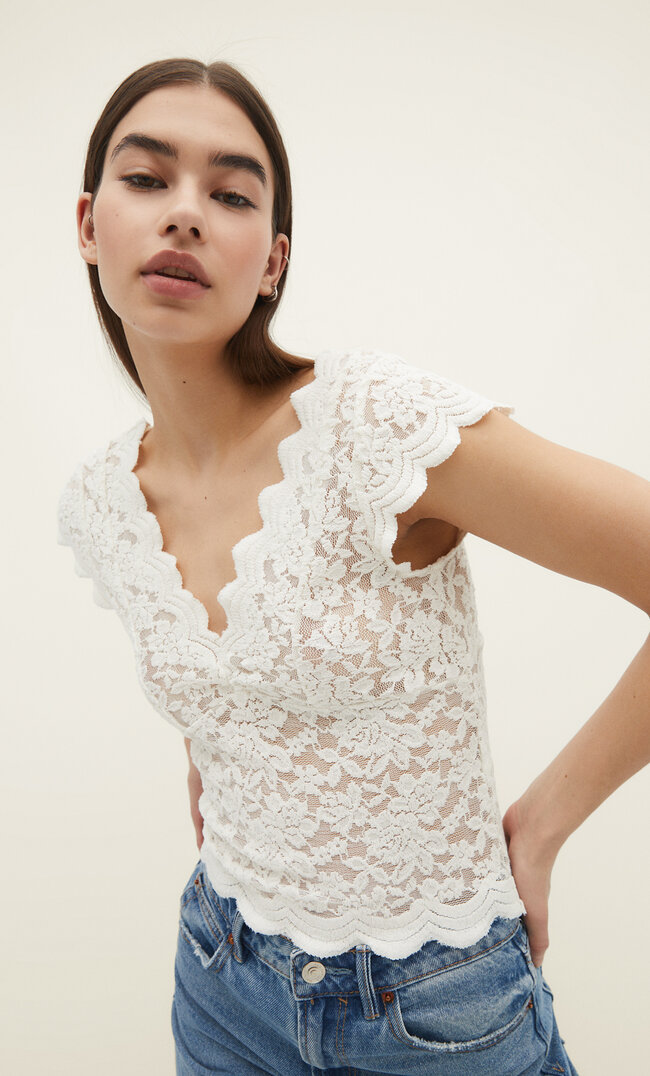 Stradivarius Koronkowy Top Ecru L