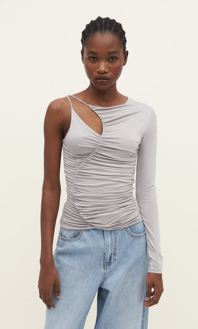 Stradivarius Asymmetrisches Shirt mit Raffungen Grau S