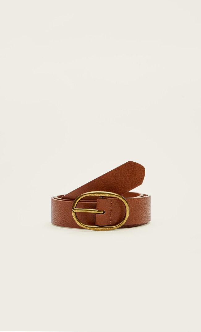 Stradivarius Thin Belt With Matte Oval Buckle Pale Camel 30