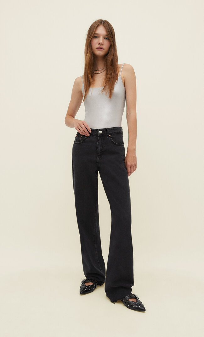 Stradivarius Blugi Straight Fit Largi Denim Negru Prespălat 32 Blugi imagine megaplaza.ro