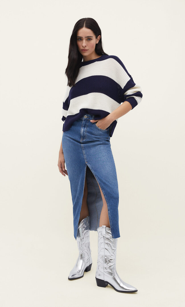 Stradivarius Basic-Pullover mit Streifen Marineblau S
