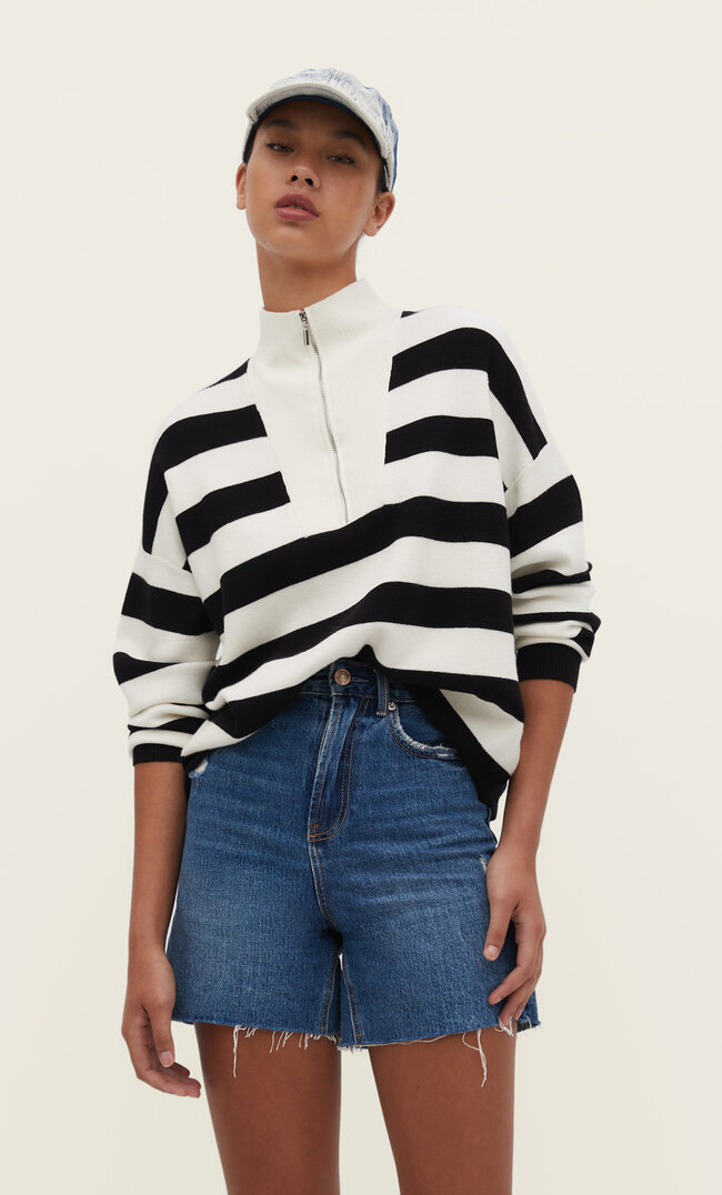 Stradivarius Strickpullover mit Reißverschluss Ecru L