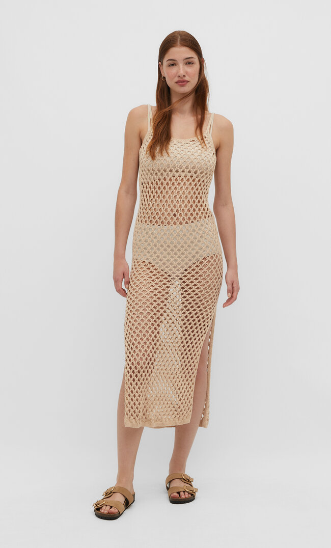Stradivarius Langes Strickkleid mit Lochmuster Steingrau XS