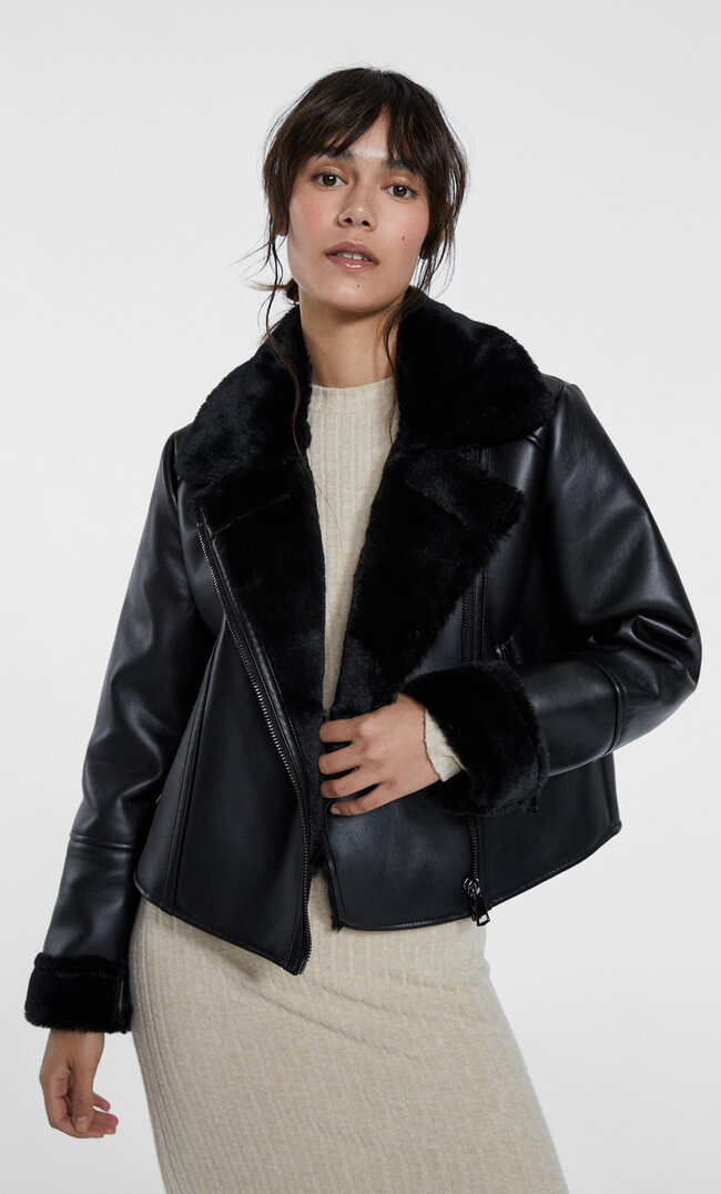 Stradivarius Doubleface-Bikerjacke Aus Kunstleder Schwarz S