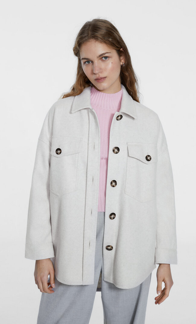 Stradivarius Basic-Hemdjacke mit aufgerautem Strickmuster Ecru XS
