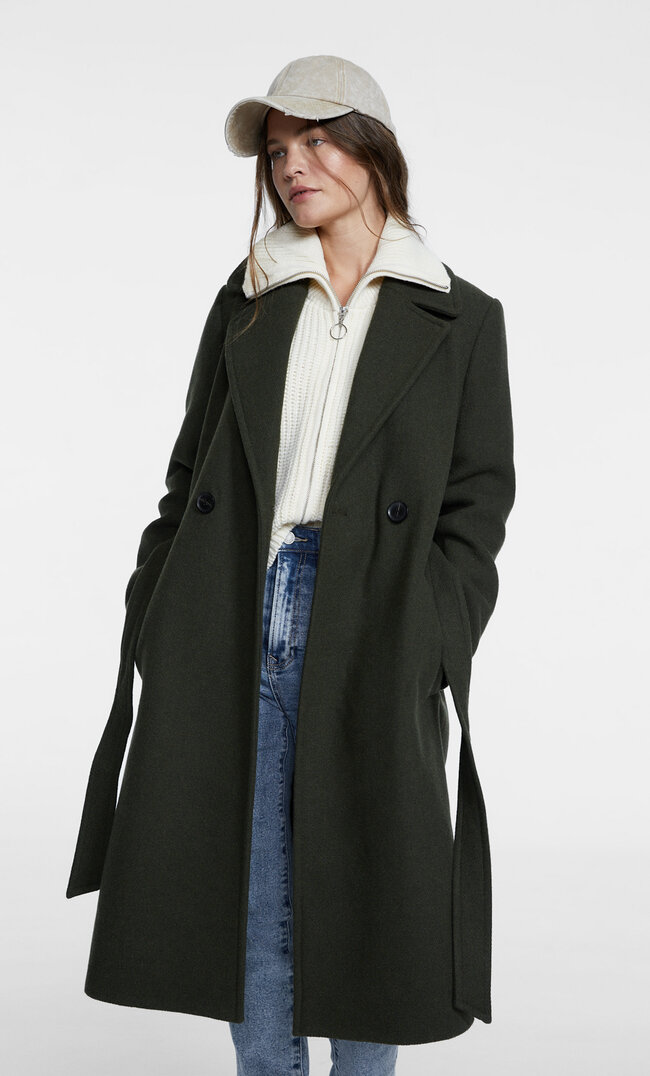 Stradivarius Stoffmantel mit Gürtel Khaki M