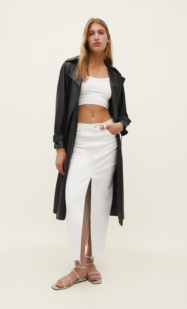 Stradivarius Langer Trenchcoat Aus Kunstleder Schwarz Xs