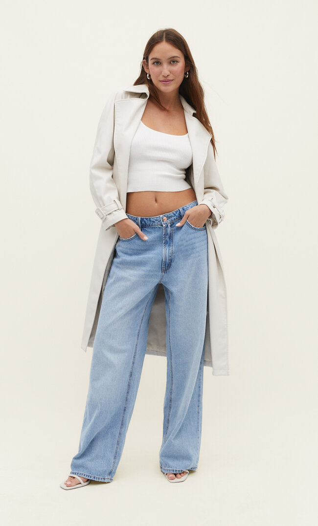Stradivarius Trenci Lung Din Imitație De Piele Ecru M Din imagine reduceri