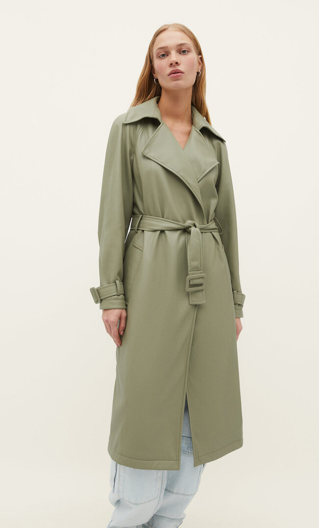 Stradivarius Langer Trenchcoat Aus Kunstleder Khaki S