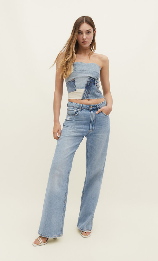 Stradivarius Top Denim Patchwork Denim Decolorat Xs-S Decolorat imagine megaplaza.ro