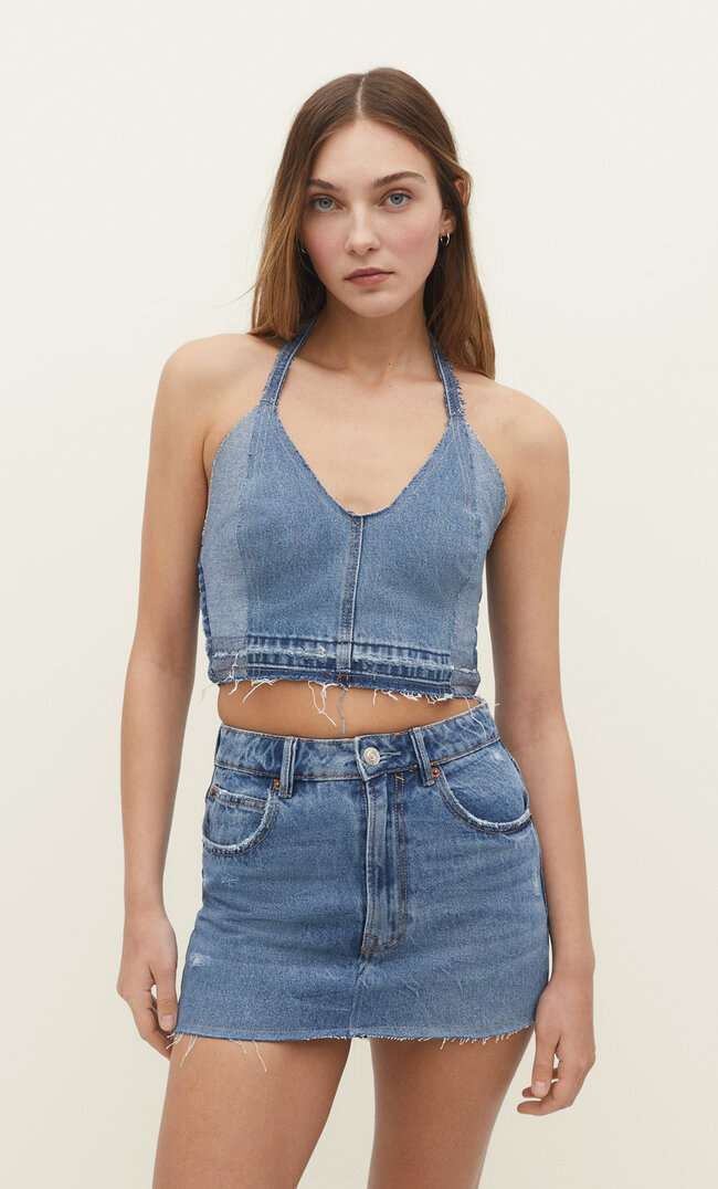 Stradivarius Jeans-Neckholder-Top Jeansblau M