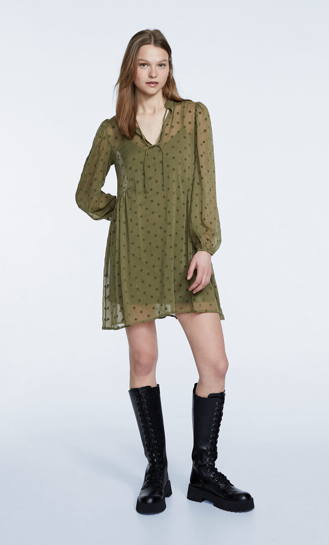 Stradivarius Rochie Boho Scurtă Imprimare Flock Kaki S Boho imagine reduceri