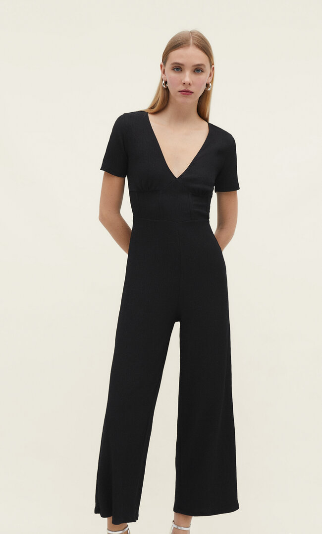 Stradivarius Langer Jumpsuit mit Corsage Schwarz XS
