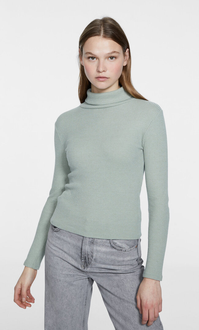 Stradivarius Dzianinowy golf Zielony XL