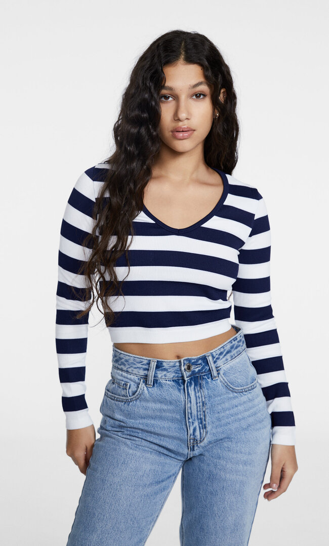 Stradivarius Nahtloses Basic-Shirt mit Streifen Dunkelblau M
