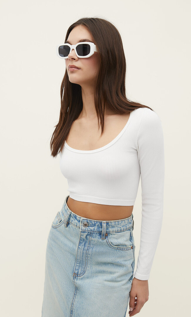 Stradivarius Top Cropped Seamless Ecru L Cropped imagine reduceri