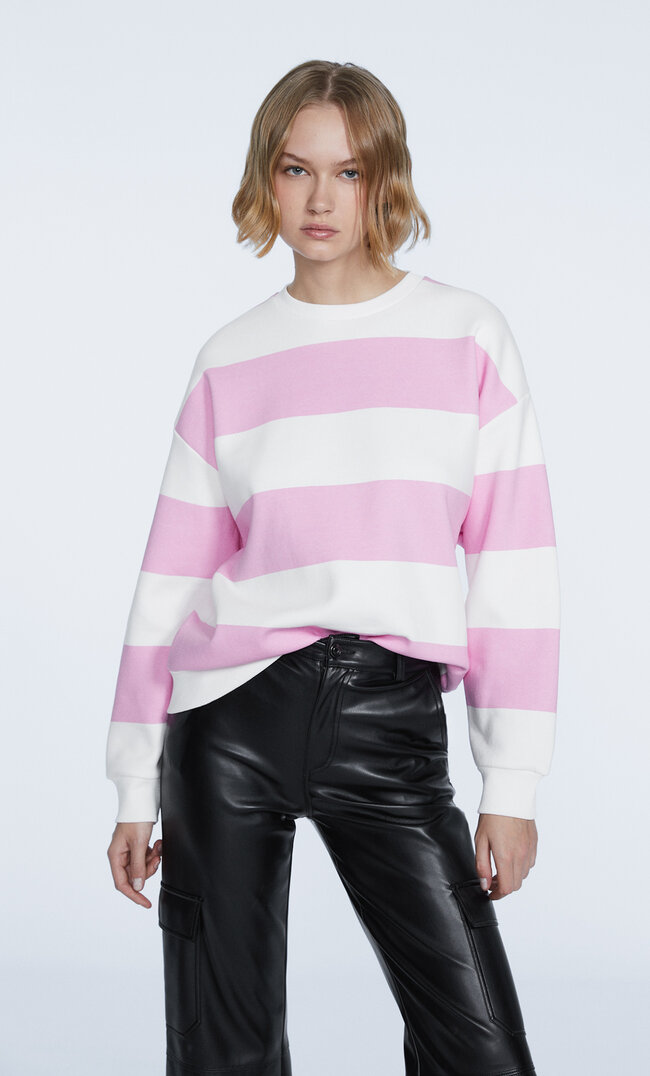 Stradivarius Gestreiftes Sweatshirt Kaugummirosa S
