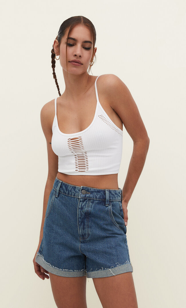 Stradivarius Nahtloses Top mit Lochmuster Weiß S