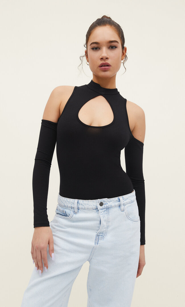 Stradivarius Bodysuit With Cut-Out Detail And Arm Warmers Black Xl