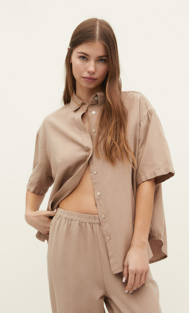 Stradivarius Lniana koszula oversize rustykalnym stylu Szary XS