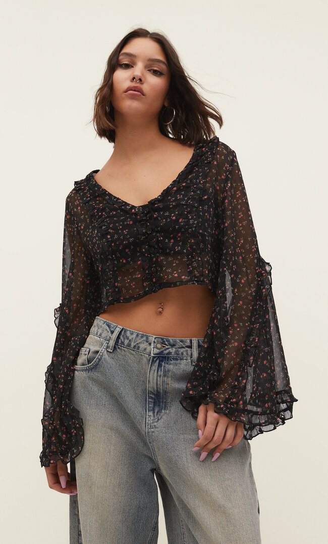 Stradivarius Wzorzysta bluzka z rękawem typu kimono Czarny XS