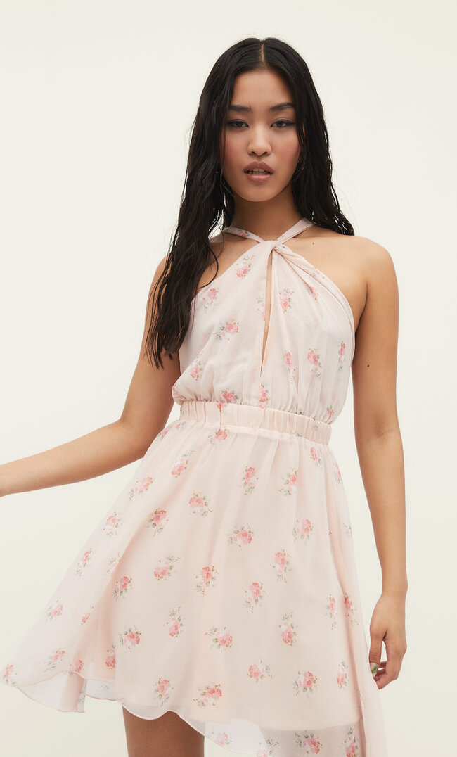 Stradivarius Neckholder-Kleid mit Print Hellrosa XS