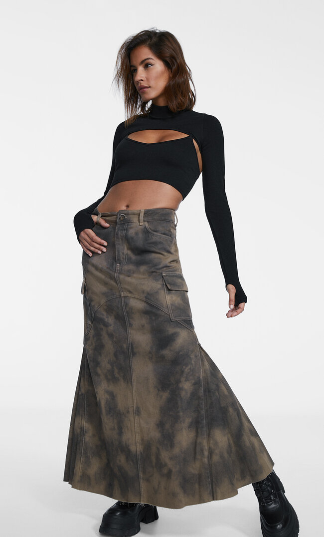 Stradivarius Langer Cargorock Mit Tie-Dye-Print Braun Xs