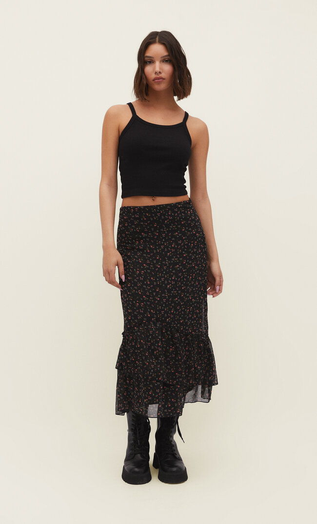 Stradivarius Midirock Mit Volants Und Print Schwarz Xs