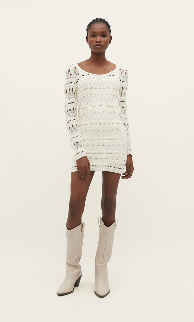 Stradivarius Kurzes Strickkleid mit Lochmuster Vanille S