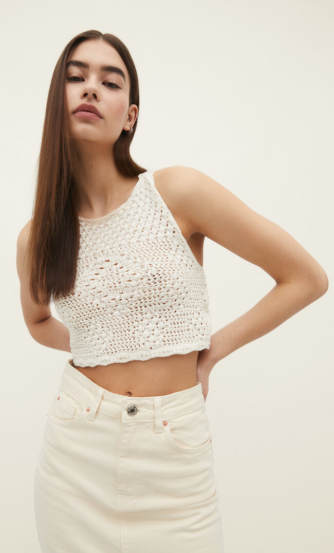 Stradivarius Cropped-Stricktop mit Bändern am Rücken Vanille M