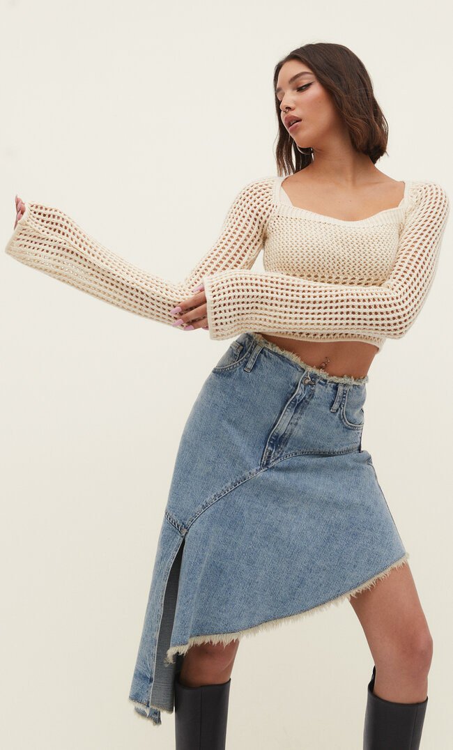 Stradivarius Strickpullover mit Kastenausschnitt Steingrau M