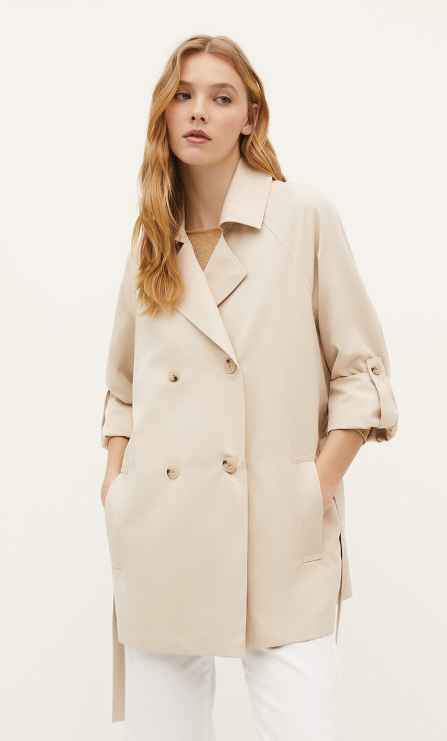 Stradivarius Kurzer Fließender Trenchcoat Steingrau L