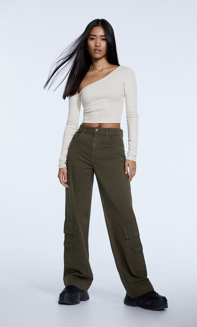 Stradivarius Asymmetrisches Shirt Mit Langen Ärmeln Steingrau S